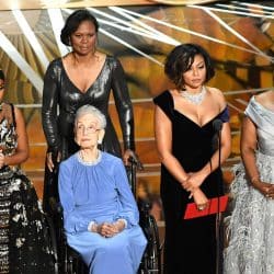 Pioneering black NASA mathematician Katherine Johnson pictured with the stars of Hidden Figures
