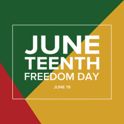 June teenth freedom day text on a multi-colored background with different sized shapes
