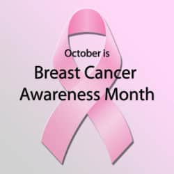 pink ribbon on a pink background with the text October is Breast cancer Awareness Month