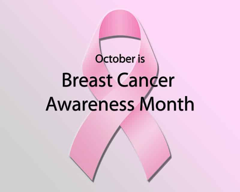 pink ribbon on a pink background with the text October is Breast cancer Awareness Month