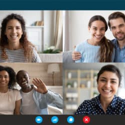Laptop webcam screen view multiethnic families contacting distantly by videoconference. Living abroad four diverse friends making video call enjoy communication, virtual interaction modern app concept