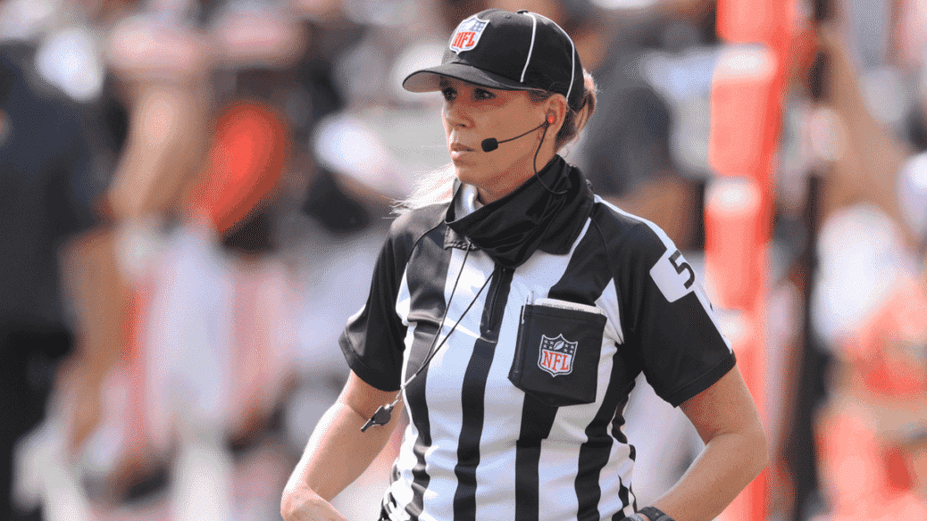 Sarah Thomas on the field wearing NFL referee uniform