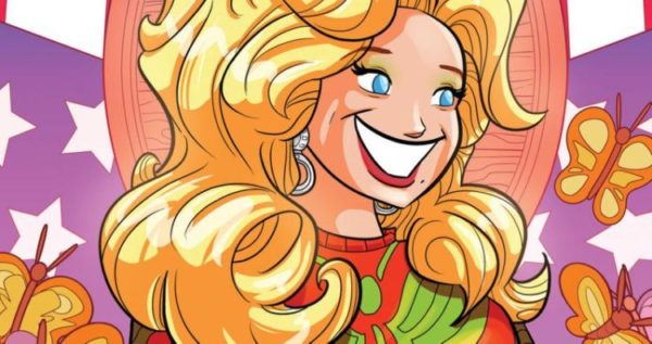 Dolly Parton's Comic book character with big blonde hair and a big smile.