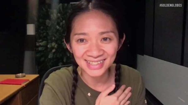 Chloe Zhao virtually receiving best director awards at golden globes 2021
