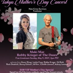 Maki Mae and Robby Krieger in promo poster smiling and all the information is listed for the concerts
