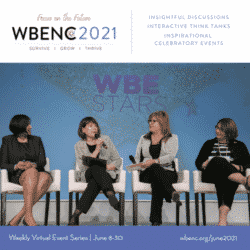 four women sitting on stage with microphones at a WBENC event