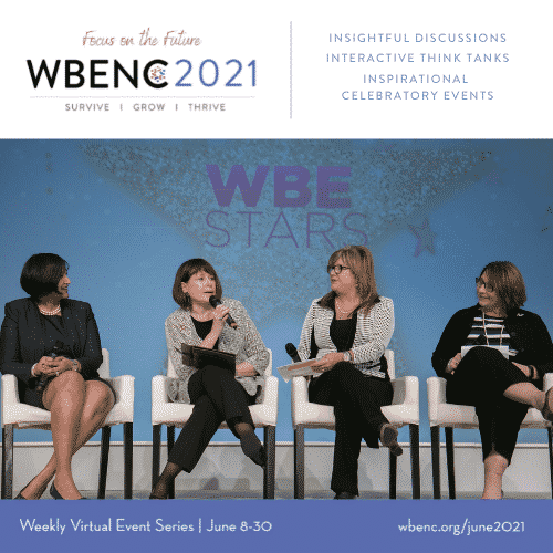 four women sitting on stage with microphones at a WBENC event