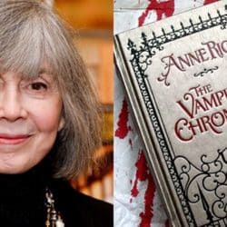 Anne Rice holding up her book Vampire Chronicles