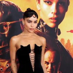 Zoë Kravitz on the red carpet for her role as catwoman. She is wearing an all black tube top with kittens shaping the top