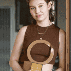Nalleli Cobo holds the ouroboros environmental prize