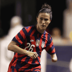 Pro soccer player Carson Pickett on the field in her uniform